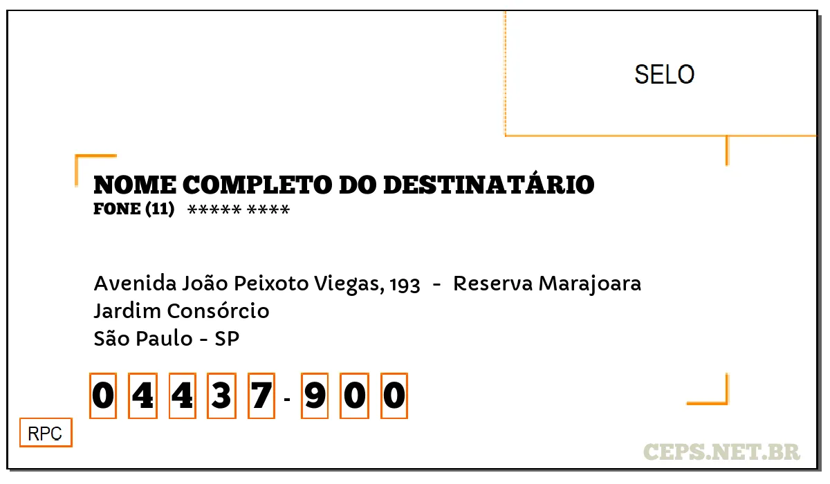 CEP SÃO PAULO - SP, DDD 11, CEP 04437900, AVENIDA JOÃO PEIXOTO VIEGAS, 193 , BAIRRO JARDIM CONSÓRCIO.