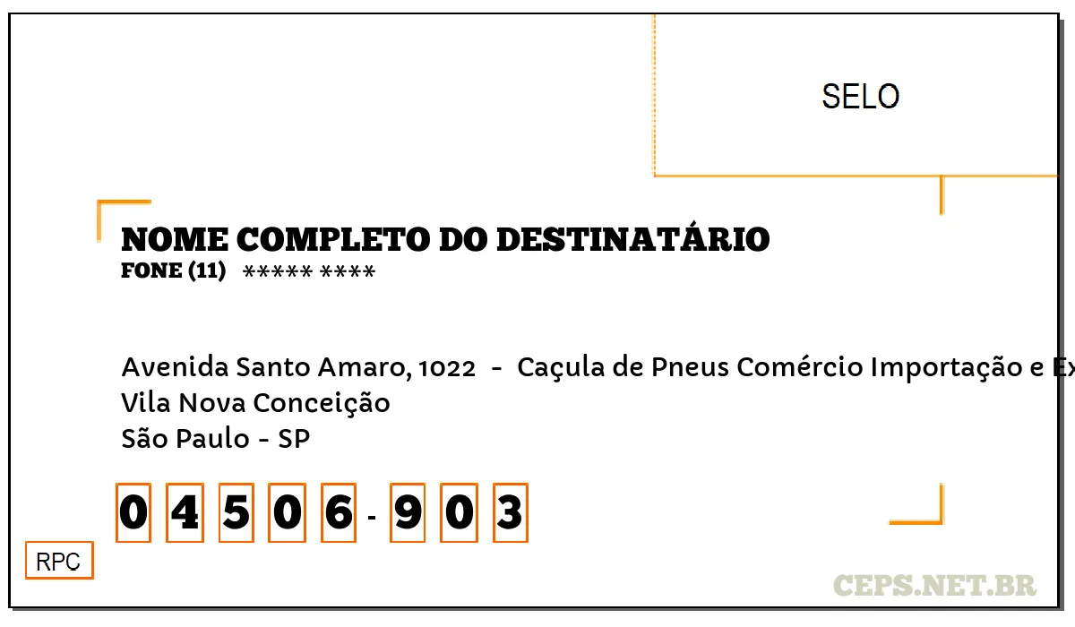 CEP SÃO PAULO - SP, DDD 11, CEP 04506903, AVENIDA SANTO AMARO, 1022 , BAIRRO VILA NOVA CONCEIÇÃO.