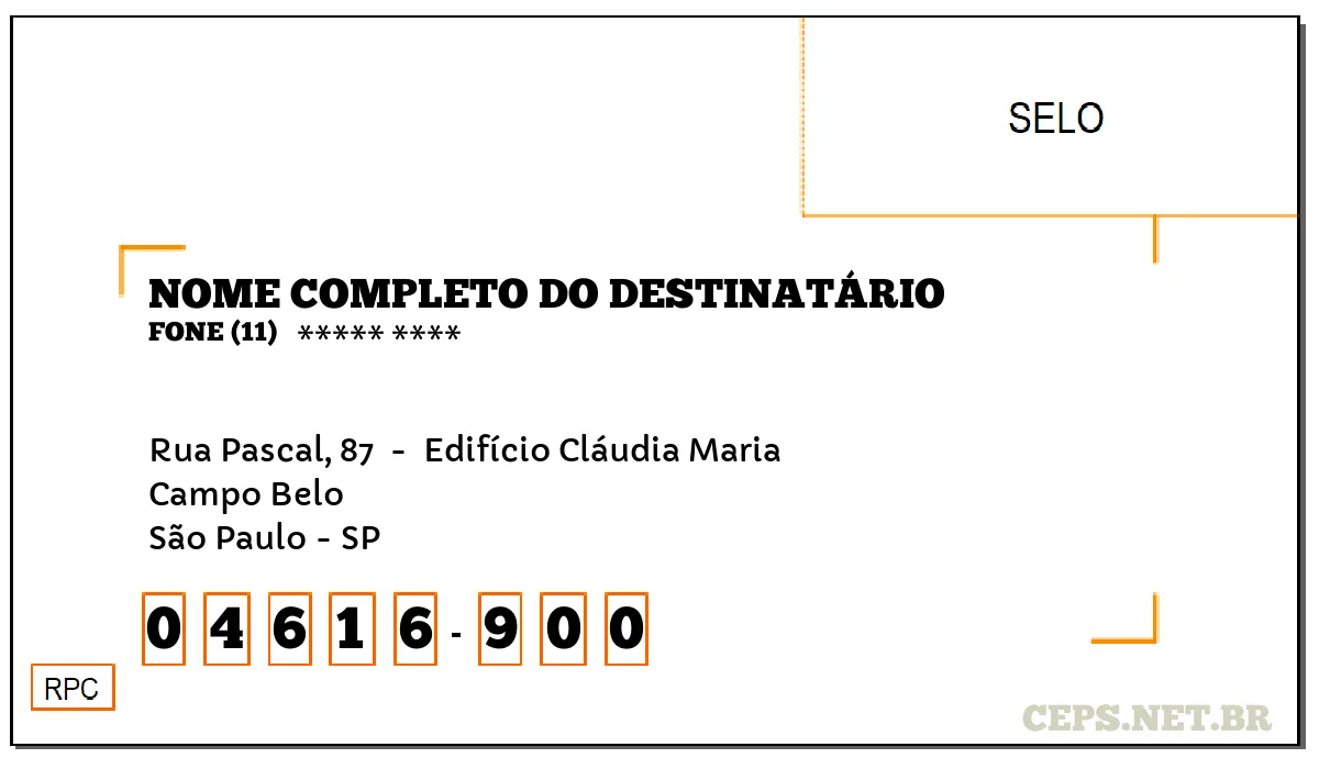 CEP SÃO PAULO - SP, DDD 11, CEP 04616900, RUA PASCAL, 87 , BAIRRO CAMPO BELO.