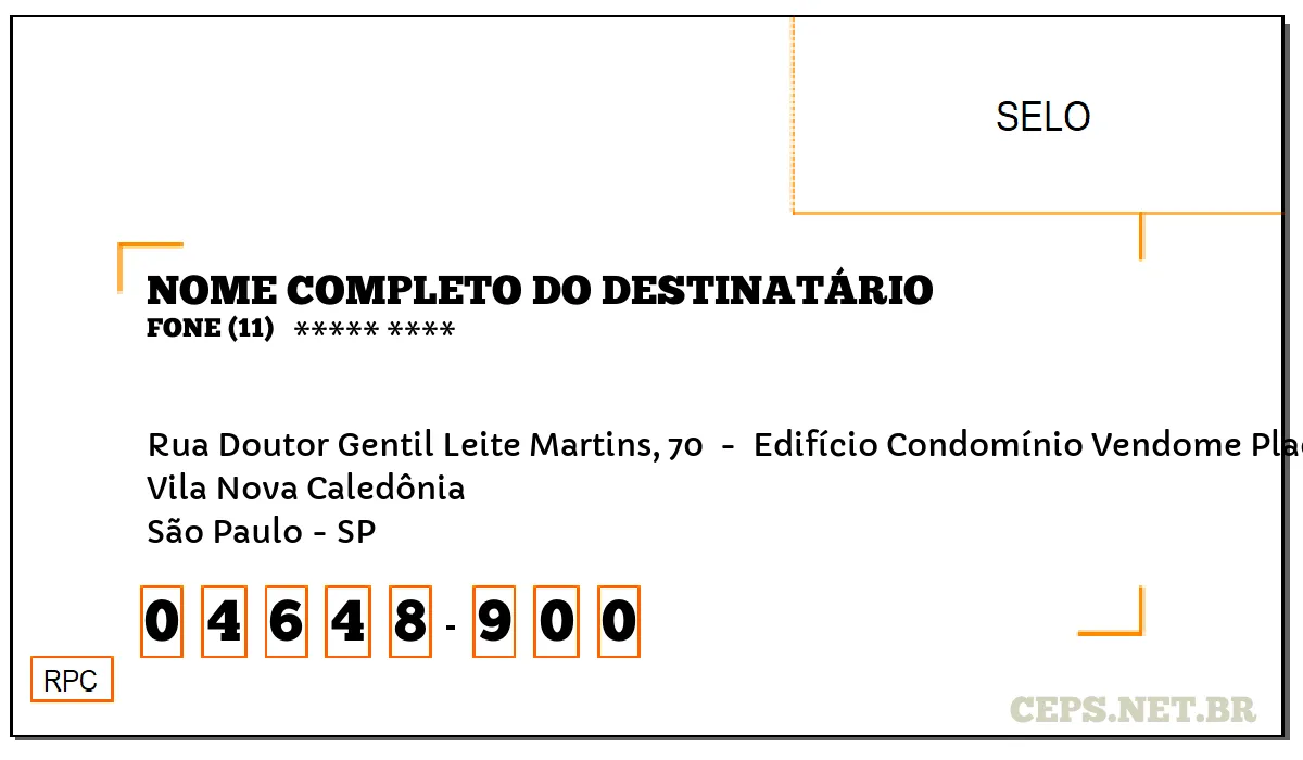 CEP SÃO PAULO - SP, DDD 11, CEP 04648900, RUA DOUTOR GENTIL LEITE MARTINS, 70 , BAIRRO VILA NOVA CALEDÔNIA.