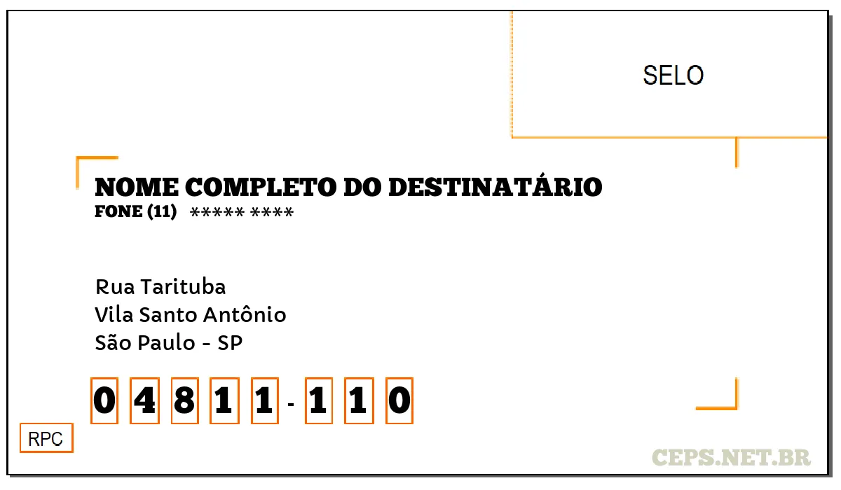 CEP SÃO PAULO - SP, DDD 11, CEP 04811110, RUA TARITUBA, BAIRRO VILA SANTO ANTÔNIO.