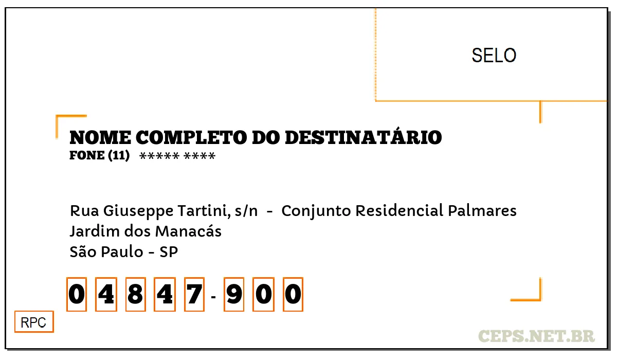 CEP SÃO PAULO - SP, DDD 11, CEP 04847900, RUA GIUSEPPE TARTINI, S/N , BAIRRO JARDIM DOS MANACÁS.