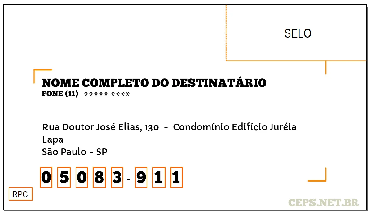 CEP SÃO PAULO - SP, DDD 11, CEP 05083911, RUA DOUTOR JOSÉ ELIAS, 130 , BAIRRO LAPA.