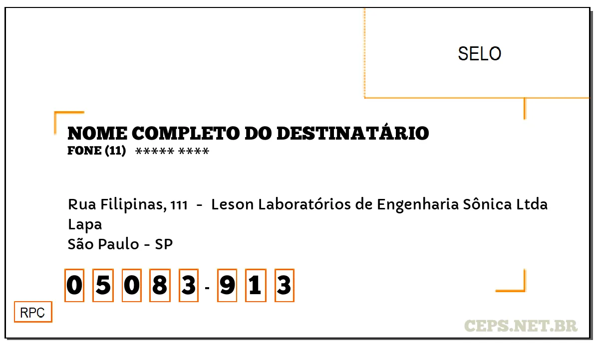 CEP SÃO PAULO - SP, DDD 11, CEP 05083913, RUA FILIPINAS, 111 , BAIRRO LAPA.