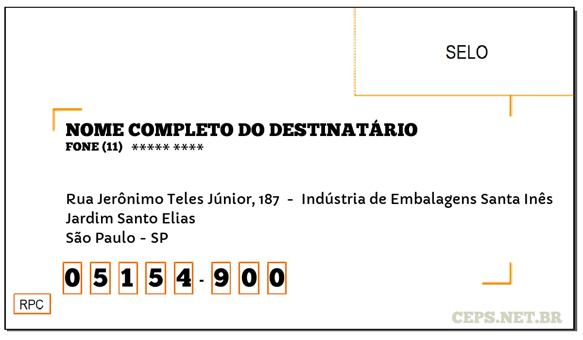 CEP SÃO PAULO - SP, DDD 11, CEP 05154900, RUA JERÔNIMO TELES JÚNIOR, 187 , BAIRRO JARDIM SANTO ELIAS.