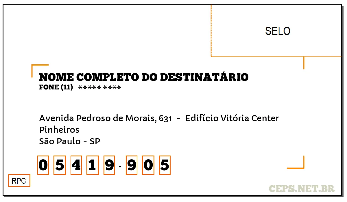 CEP SÃO PAULO - SP, DDD 11, CEP 05419905, AVENIDA PEDROSO DE MORAIS, 631 , BAIRRO PINHEIROS.