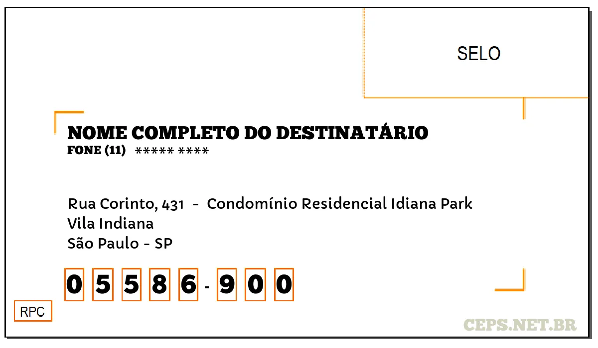 CEP SÃO PAULO - SP, DDD 11, CEP 05586900, RUA CORINTO, 431 , BAIRRO VILA INDIANA.