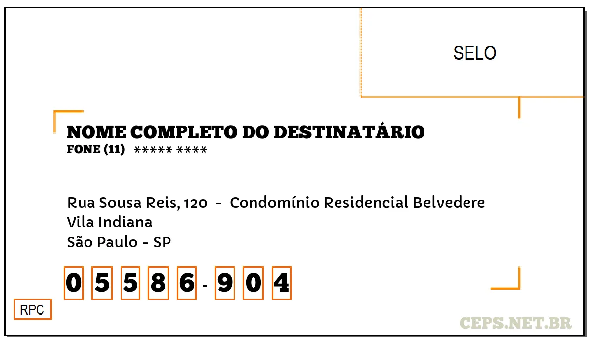 CEP SÃO PAULO - SP, DDD 11, CEP 05586904, RUA SOUSA REIS, 120 , BAIRRO VILA INDIANA.