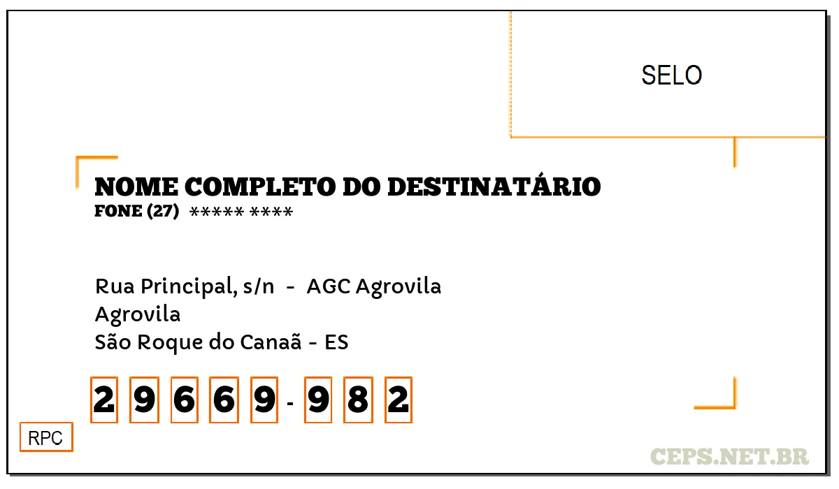 CEP SÃO ROQUE DO CANAÃ - ES, DDD 27, CEP 29669982, RUA PRINCIPAL, S/N , BAIRRO AGROVILA.