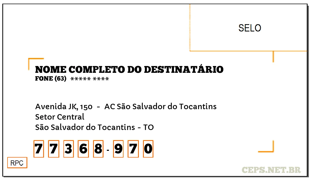 CEP SÃO SALVADOR DO TOCANTINS - TO, DDD 63, CEP 77368970, AVENIDA JK, 150 , BAIRRO SETOR CENTRAL.