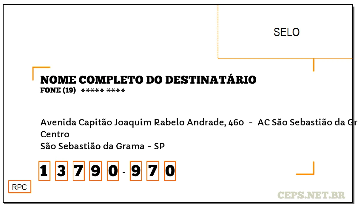 CEP SÃO SEBASTIÃO DA GRAMA - SP, DDD 19, CEP 13790970, AVENIDA CAPITÃO JOAQUIM RABELO ANDRADE, 460 , BAIRRO CENTRO.