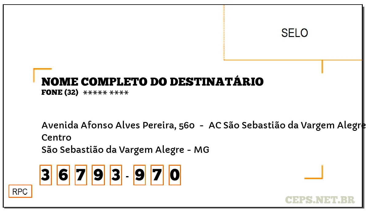 CEP SÃO SEBASTIÃO DA VARGEM ALEGRE - MG, DDD 32, CEP 36793970, AVENIDA AFONSO ALVES PEREIRA, 560 , BAIRRO CENTRO.