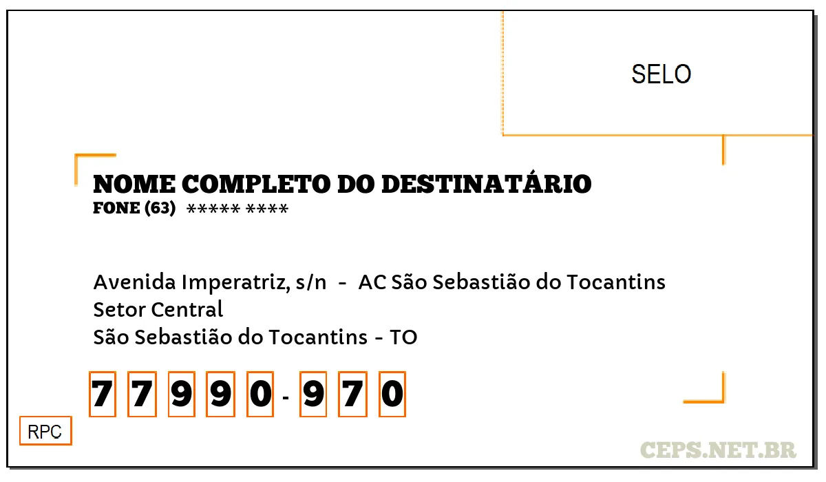 CEP SÃO SEBASTIÃO DO TOCANTINS - TO, DDD 63, CEP 77990970, AVENIDA IMPERATRIZ, S/N , BAIRRO SETOR CENTRAL.