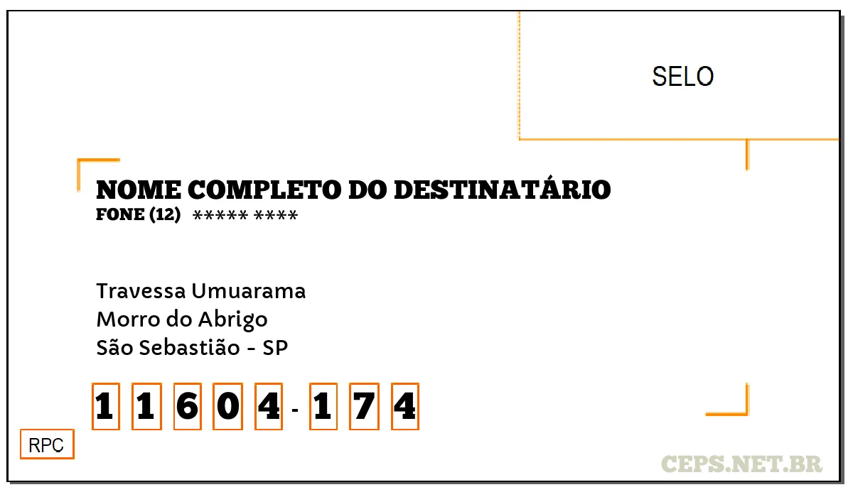 CEP SÃO SEBASTIÃO - SP, DDD 12, CEP 11604174, TRAVESSA UMUARAMA, BAIRRO MORRO DO ABRIGO.