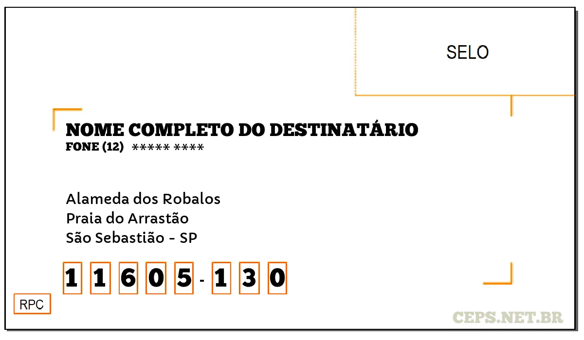 CEP SÃO SEBASTIÃO - SP, DDD 12, CEP 11605130, ALAMEDA DOS ROBALOS, BAIRRO PRAIA DO ARRASTÃO.