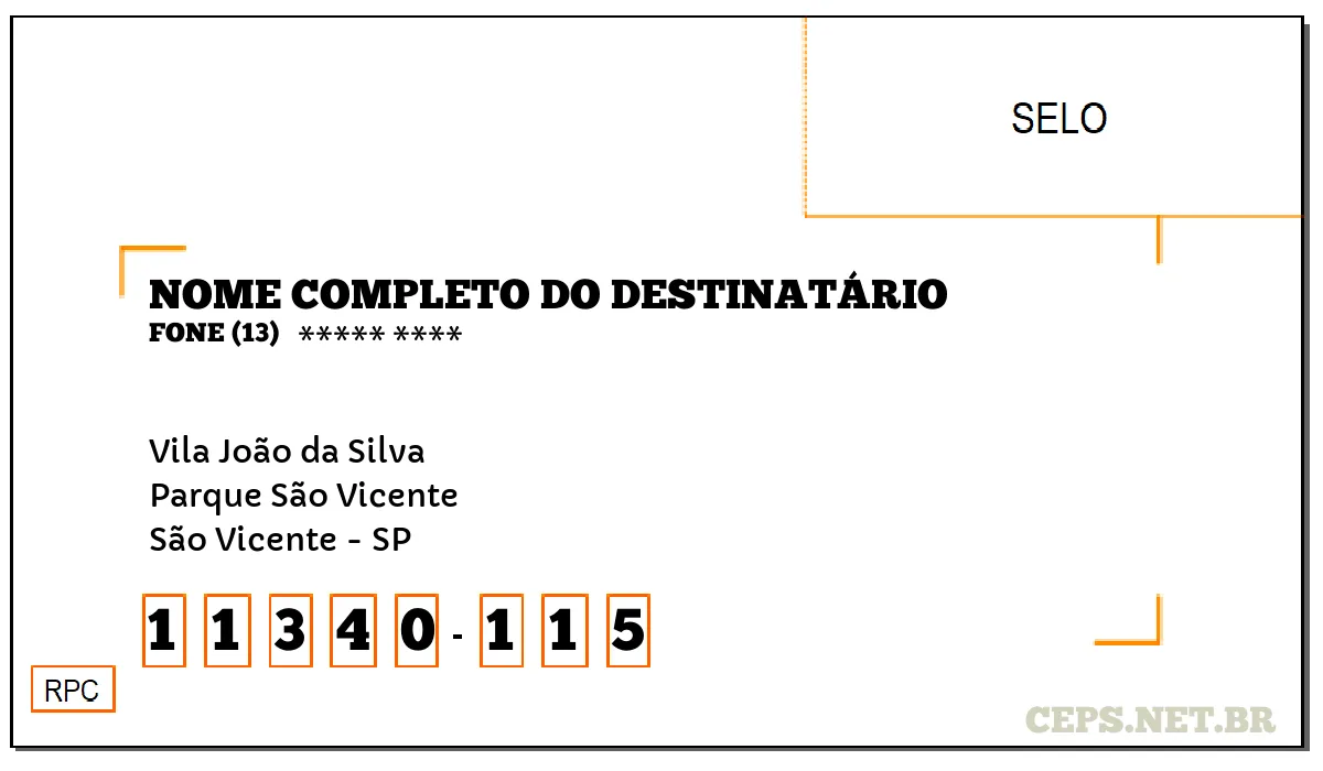 CEP SÃO VICENTE - SP, DDD 13, CEP 11340115, VILA JOÃO DA SILVA, BAIRRO PARQUE SÃO VICENTE.