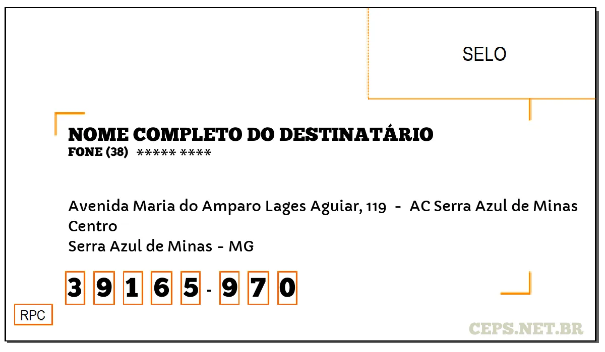 CEP SERRA AZUL DE MINAS - MG, DDD 38, CEP 39165970, AVENIDA MARIA DO AMPARO LAGES AGUIAR, 119 , BAIRRO CENTRO.