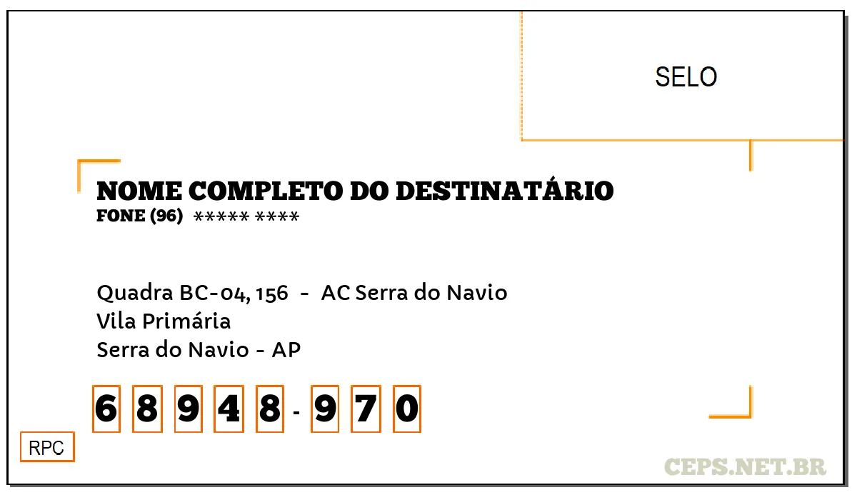 CEP SERRA DO NAVIO - AP, DDD 96, CEP 68948970, QUADRA BC-04, 156 , BAIRRO VILA PRIMÁRIA.