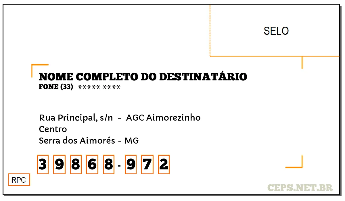 CEP SERRA DOS AIMORÉS - MG, DDD 33, CEP 39868972, RUA PRINCIPAL, S/N , BAIRRO CENTRO.