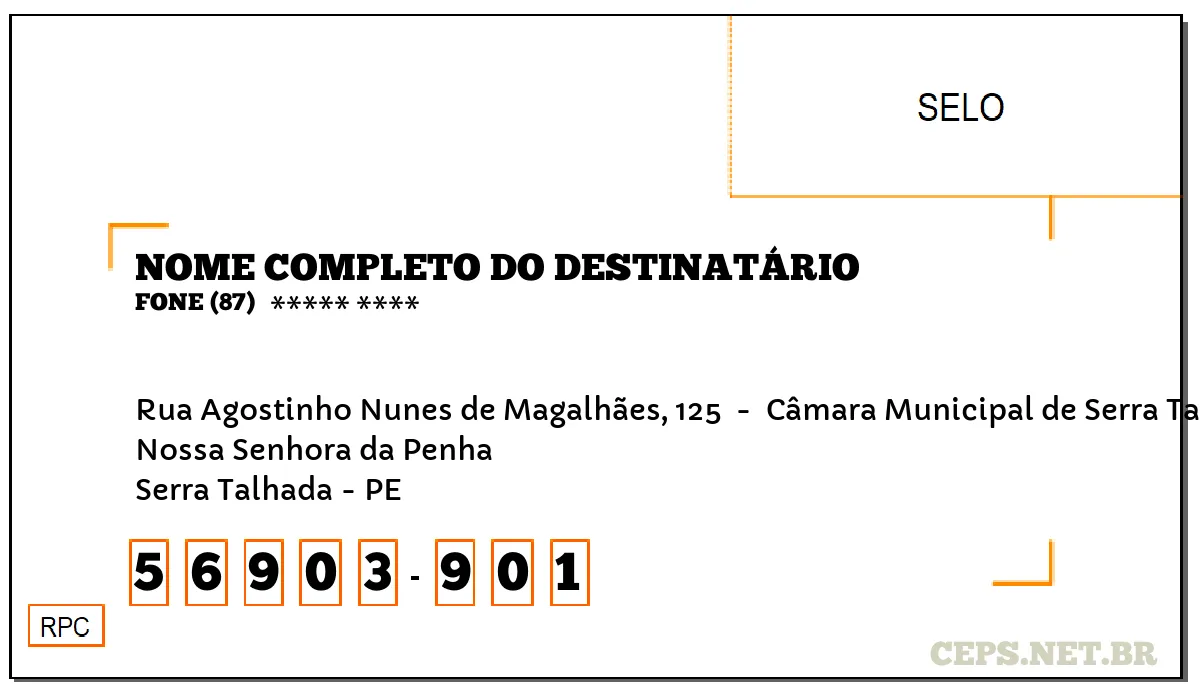 CEP SERRA TALHADA - PE, DDD 87, CEP 56903901, RUA AGOSTINHO NUNES DE MAGALHÃES, 125 , BAIRRO NOSSA SENHORA DA PENHA.