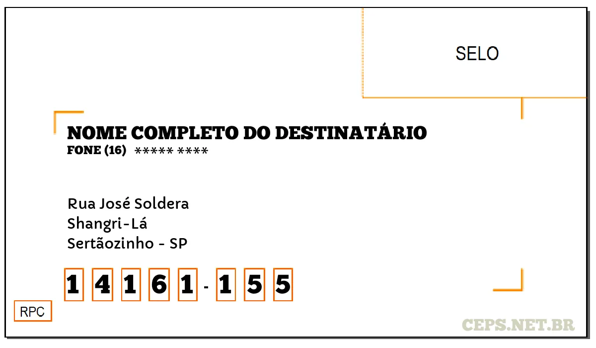 CEP SERTÃOZINHO - SP, DDD 16, CEP 14161155, RUA JOSÉ SOLDERA, BAIRRO SHANGRI-LÁ.