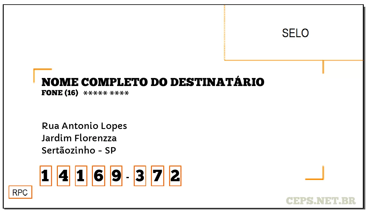 CEP SERTÃOZINHO - SP, DDD 16, CEP 14169372, RUA ANTONIO LOPES, BAIRRO JARDIM FLORENZZA.