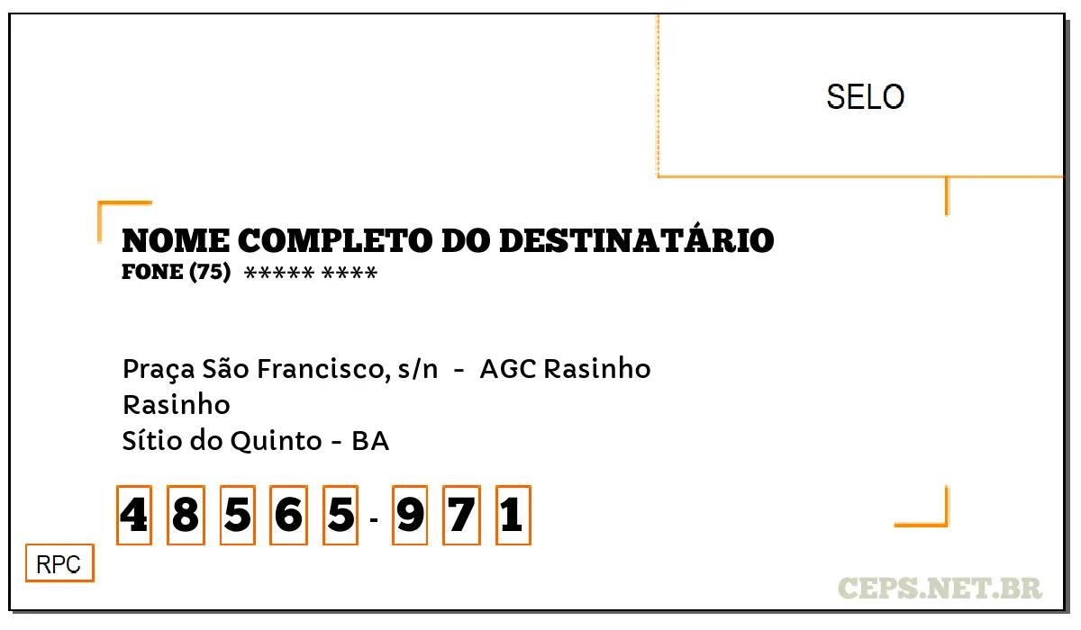 CEP SÍTIO DO QUINTO - BA, DDD 75, CEP 48565971, PRAÇA SÃO FRANCISCO, S/N , BAIRRO RASINHO.