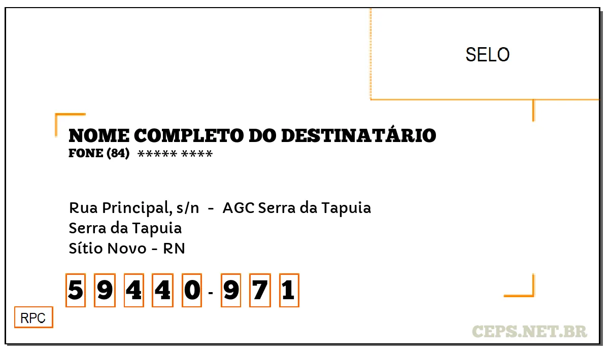 CEP SÍTIO NOVO - RN, DDD 84, CEP 59440971, RUA PRINCIPAL, S/N , BAIRRO SERRA DA TAPUIA.