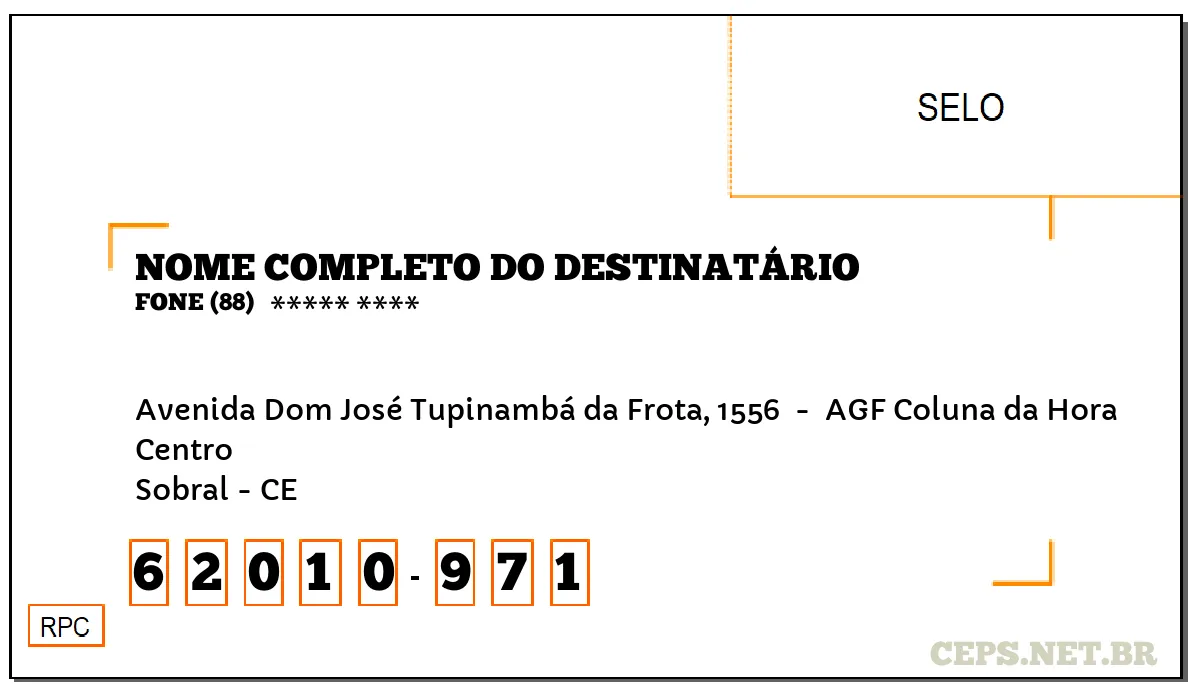 CEP SOBRAL - CE, DDD 88, CEP 62010971, AVENIDA DOM JOSÉ TUPINAMBÁ DA FROTA, 1556 , BAIRRO CENTRO.