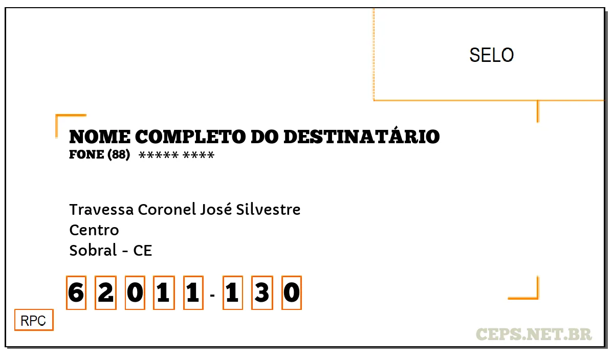 CEP SOBRAL - CE, DDD 88, CEP 62011130, TRAVESSA CORONEL JOSÉ SILVESTRE, BAIRRO CENTRO.