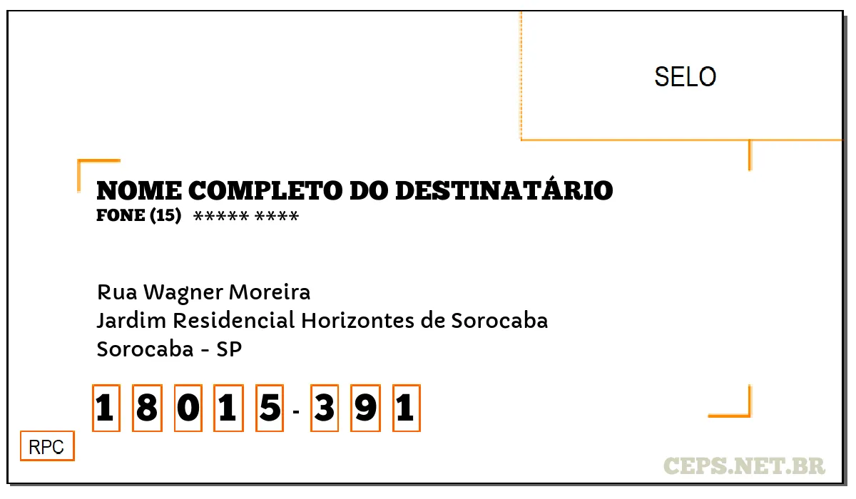 CEP SOROCABA - SP, DDD 15, CEP 18015391, RUA WAGNER MOREIRA, BAIRRO JARDIM RESIDENCIAL HORIZONTES DE SOROCABA.