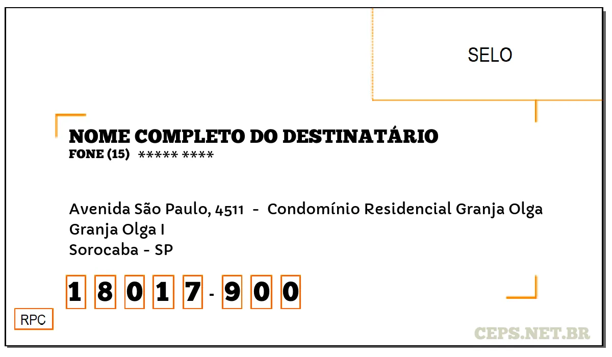 CEP SOROCABA - SP, DDD 15, CEP 18017900, AVENIDA SÃO PAULO, 4511 , BAIRRO GRANJA OLGA I.