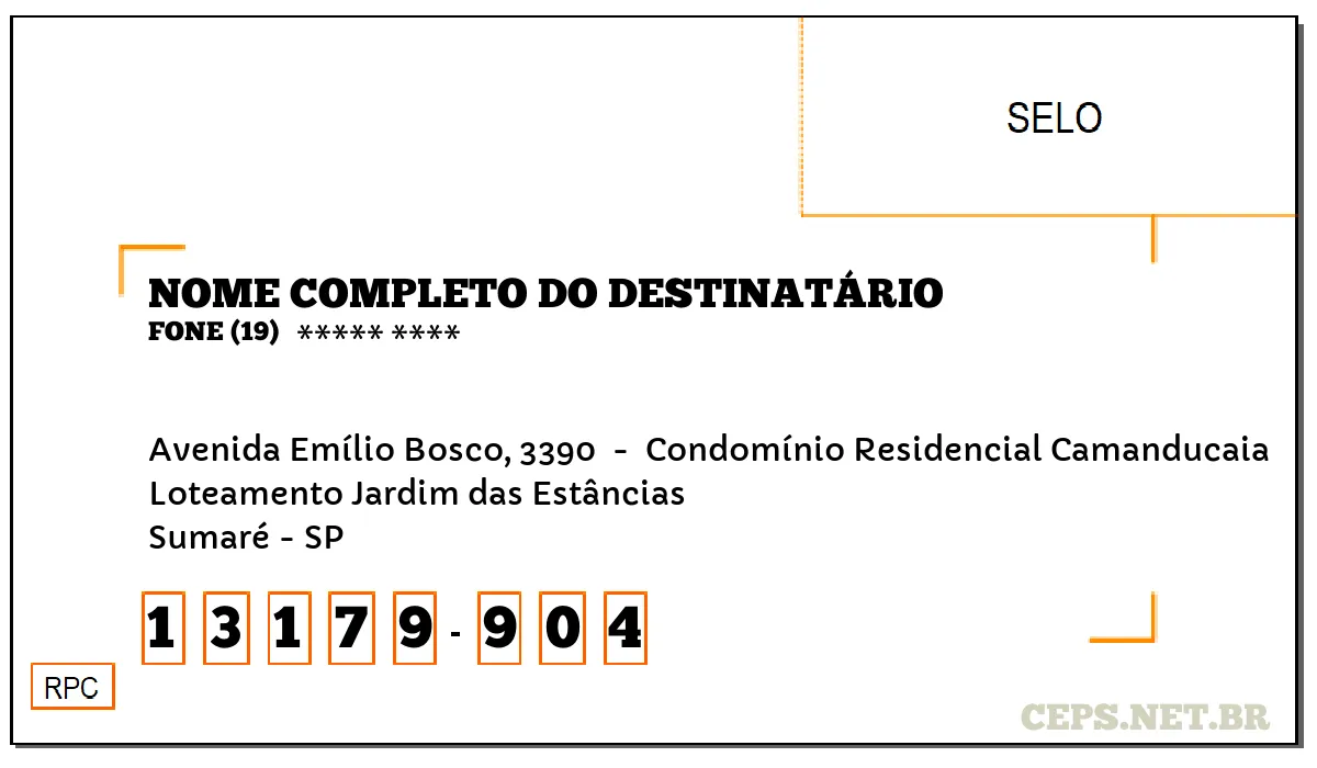 CEP SUMARÉ - SP, DDD 19, CEP 13179904, AVENIDA EMÍLIO BOSCO, 3390 , BAIRRO LOTEAMENTO JARDIM DAS ESTÂNCIAS.