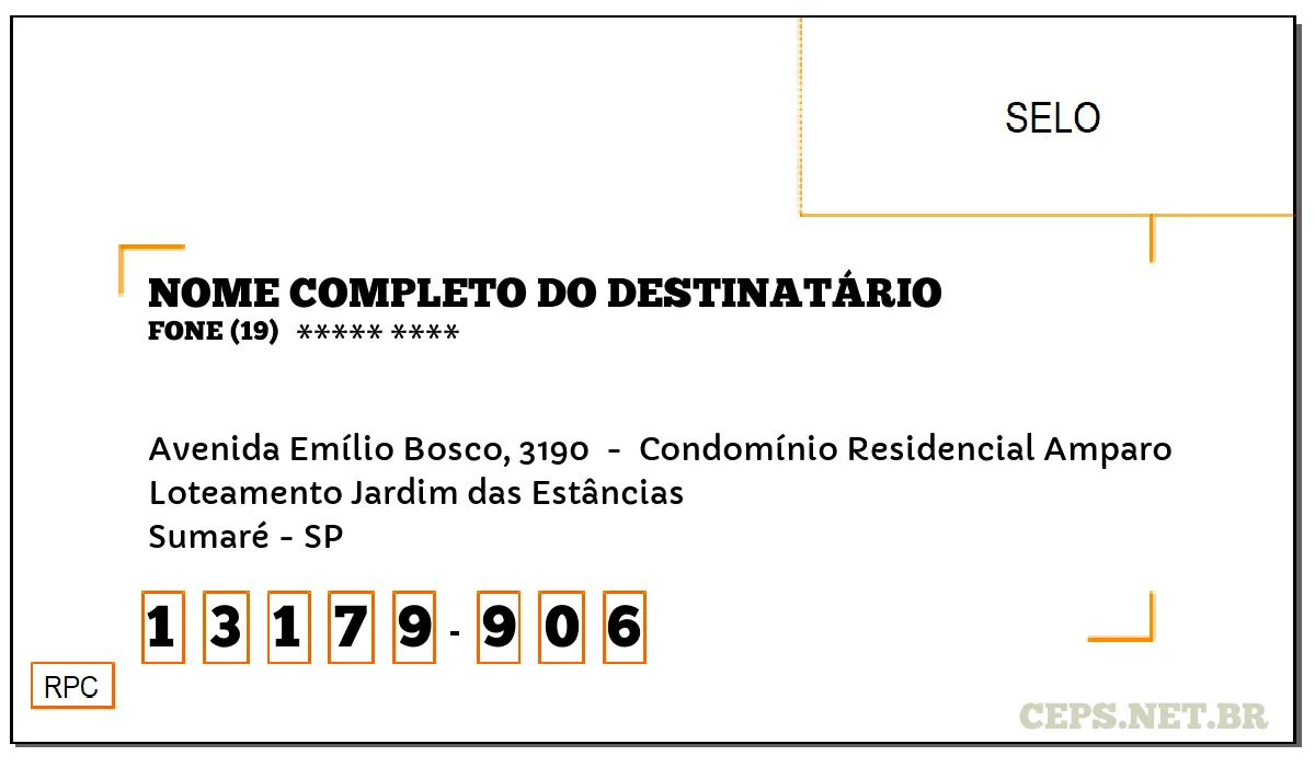 CEP SUMARÉ - SP, DDD 19, CEP 13179906, AVENIDA EMÍLIO BOSCO, 3190 , BAIRRO LOTEAMENTO JARDIM DAS ESTÂNCIAS.