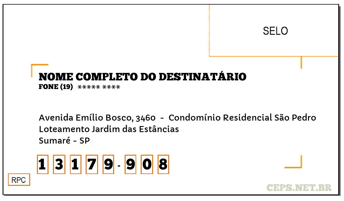 CEP SUMARÉ - SP, DDD 19, CEP 13179908, AVENIDA EMÍLIO BOSCO, 3460 , BAIRRO LOTEAMENTO JARDIM DAS ESTÂNCIAS.