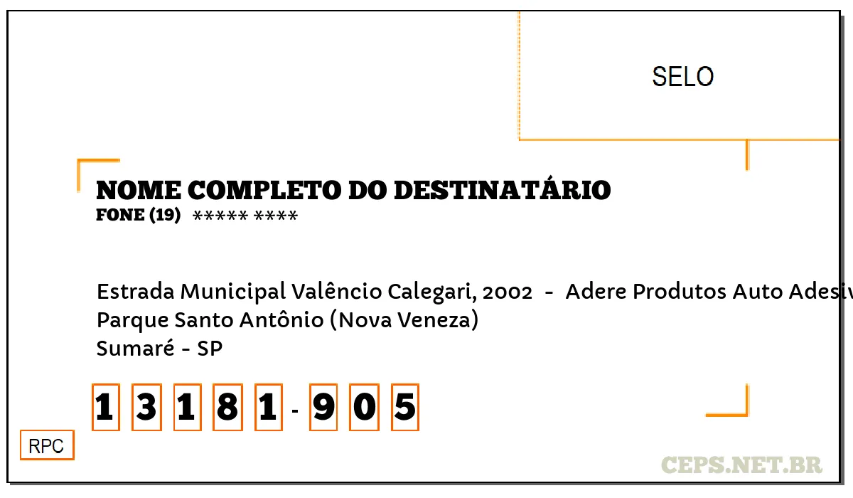 CEP SUMARÉ - SP, DDD 19, CEP 13181905, ESTRADA MUNICIPAL VALÊNCIO CALEGARI, 2002 , BAIRRO PARQUE SANTO ANTÔNIO (NOVA VENEZA).