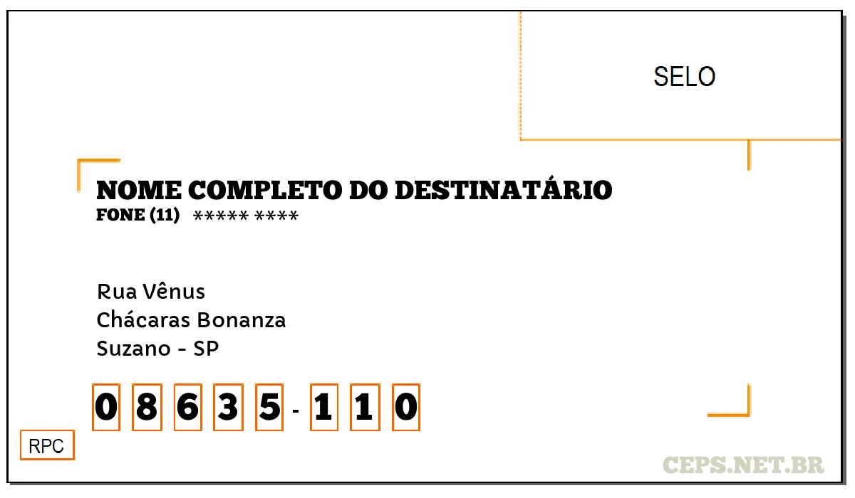 CEP SUZANO - SP, DDD 11, CEP 08635110, RUA VÊNUS, BAIRRO CHÁCARAS BONANZA.