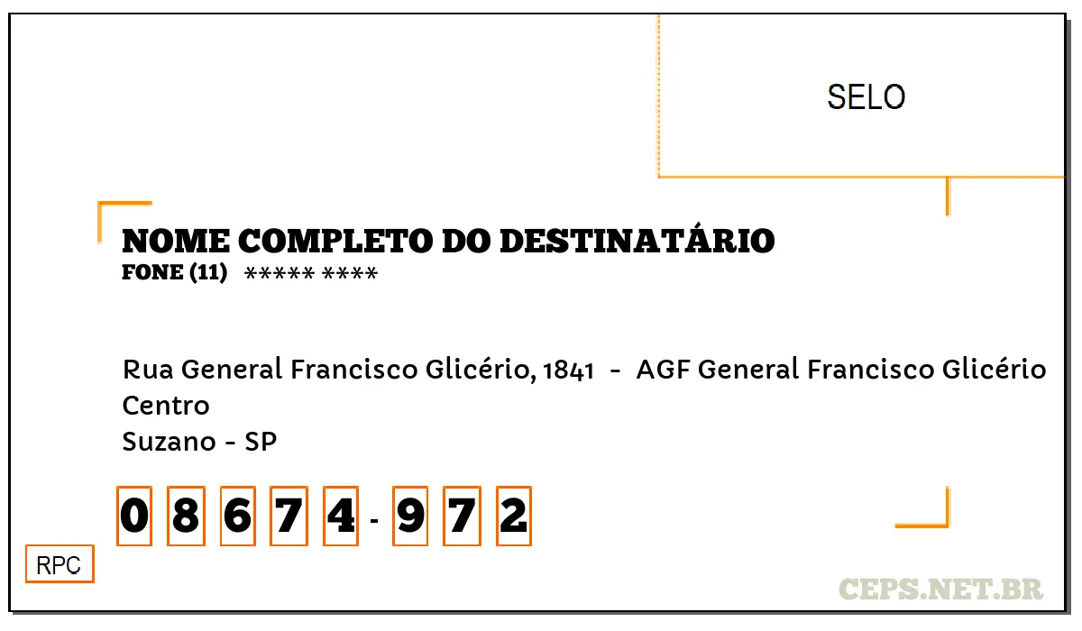 CEP SUZANO - SP, DDD 11, CEP 08674972, RUA GENERAL FRANCISCO GLICÉRIO, 1841 , BAIRRO CENTRO.