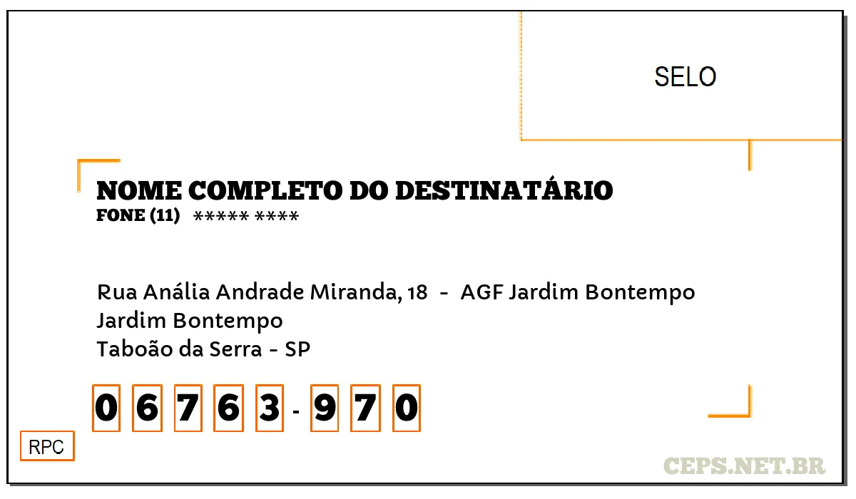 CEP TABOÃO DA SERRA - SP, DDD 11, CEP 06763970, RUA ANÁLIA ANDRADE MIRANDA, 18 , BAIRRO JARDIM BONTEMPO.