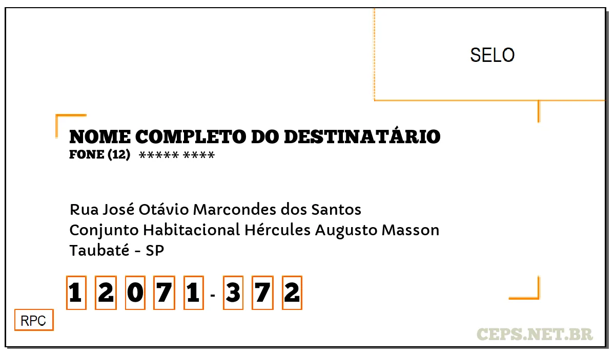 CEP TAUBATÉ - SP, DDD 12, CEP 12071372, RUA JOSÉ OTÁVIO MARCONDES DOS SANTOS, BAIRRO CONJUNTO HABITACIONAL HÉRCULES AUGUSTO MASSON.