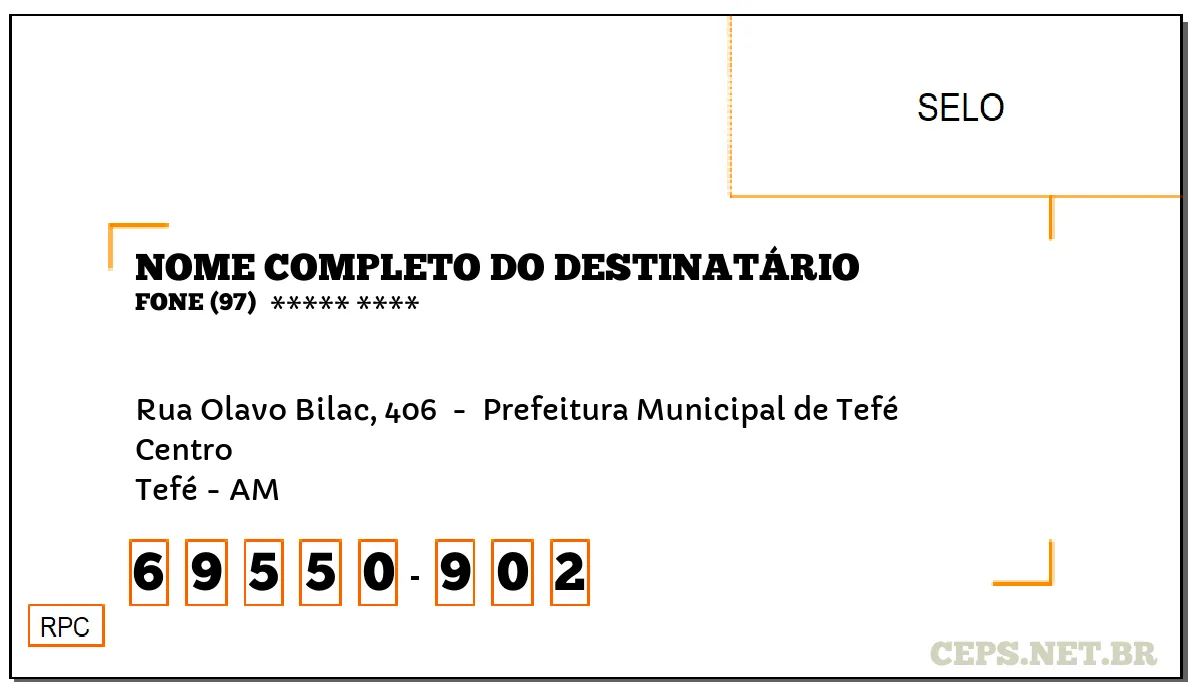 CEP TEFÉ - AM, DDD 97, CEP 69550902, RUA OLAVO BILAC, 406 , BAIRRO CENTRO.