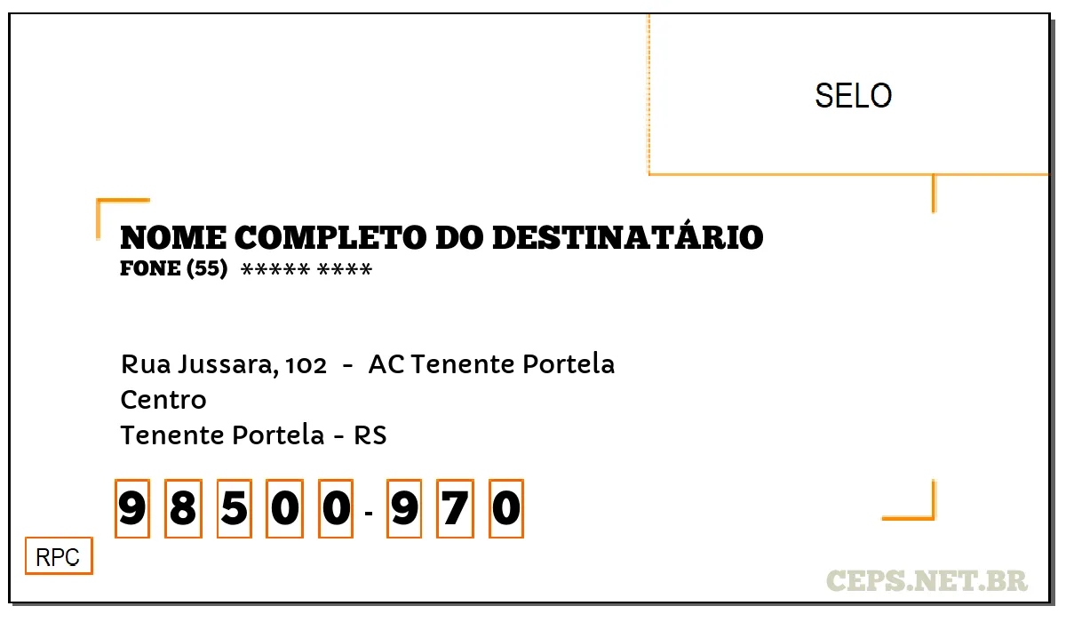 CEP TENENTE PORTELA - RS, DDD 55, CEP 98500970, RUA JUSSARA, 102 , BAIRRO CENTRO.