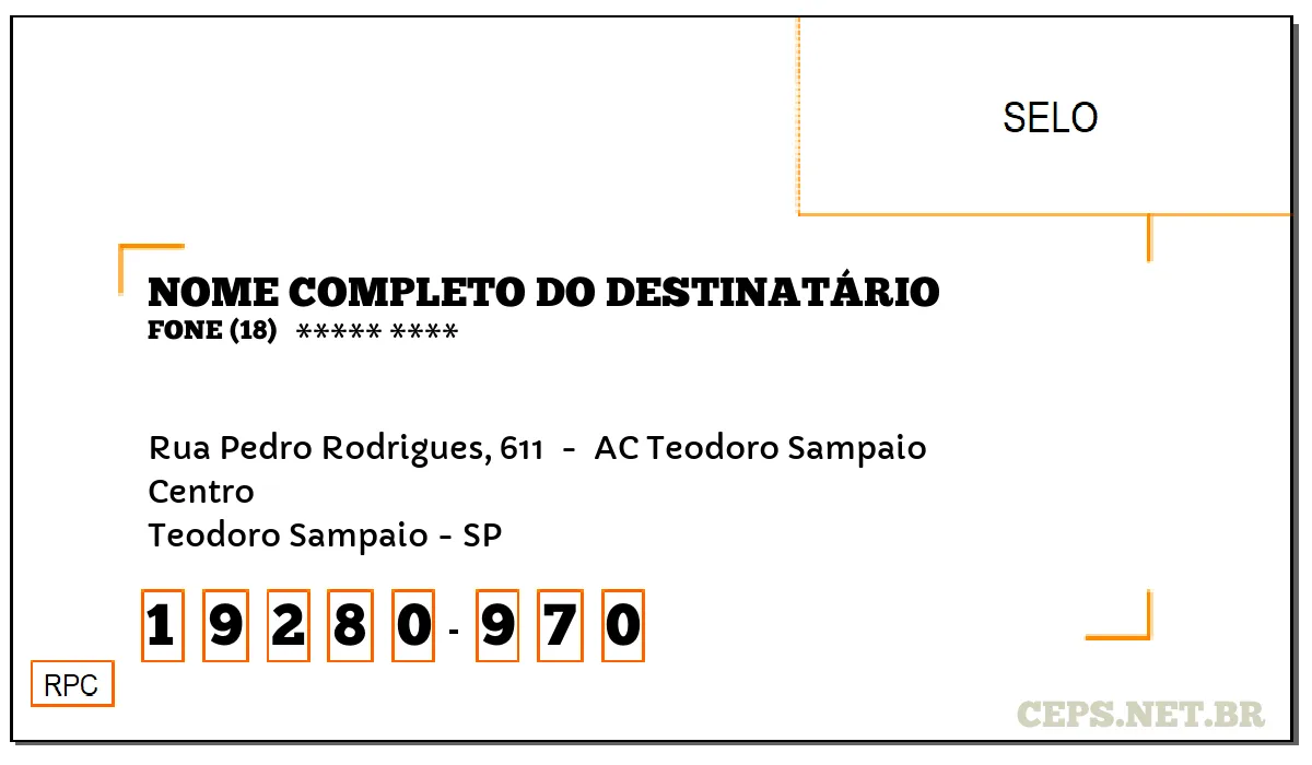 CEP TEODORO SAMPAIO - SP, DDD 18, CEP 19280970, RUA PEDRO RODRIGUES, 611 , BAIRRO CENTRO.