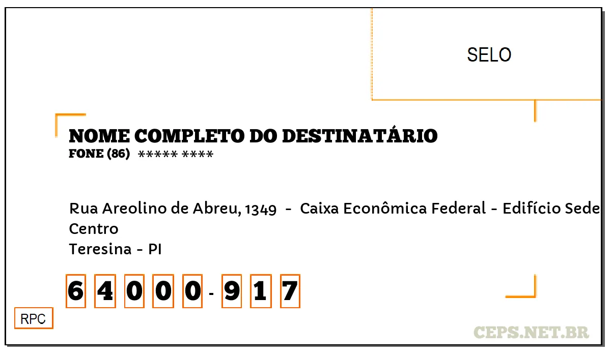 CEP TERESINA - PI, DDD 86, CEP 64000917, RUA AREOLINO DE ABREU, 1349 , BAIRRO CENTRO.