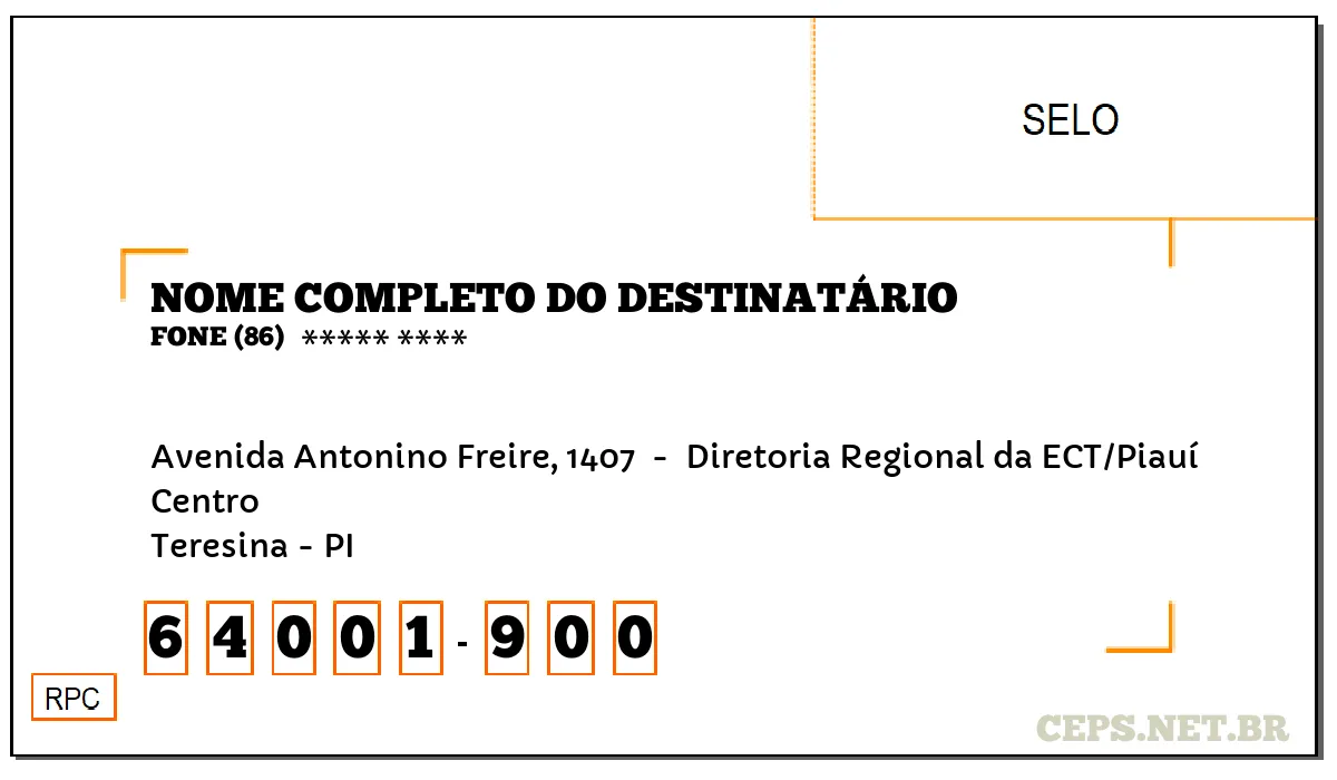 CEP TERESINA - PI, DDD 86, CEP 64001900, AVENIDA ANTONINO FREIRE, 1407 , BAIRRO CENTRO.