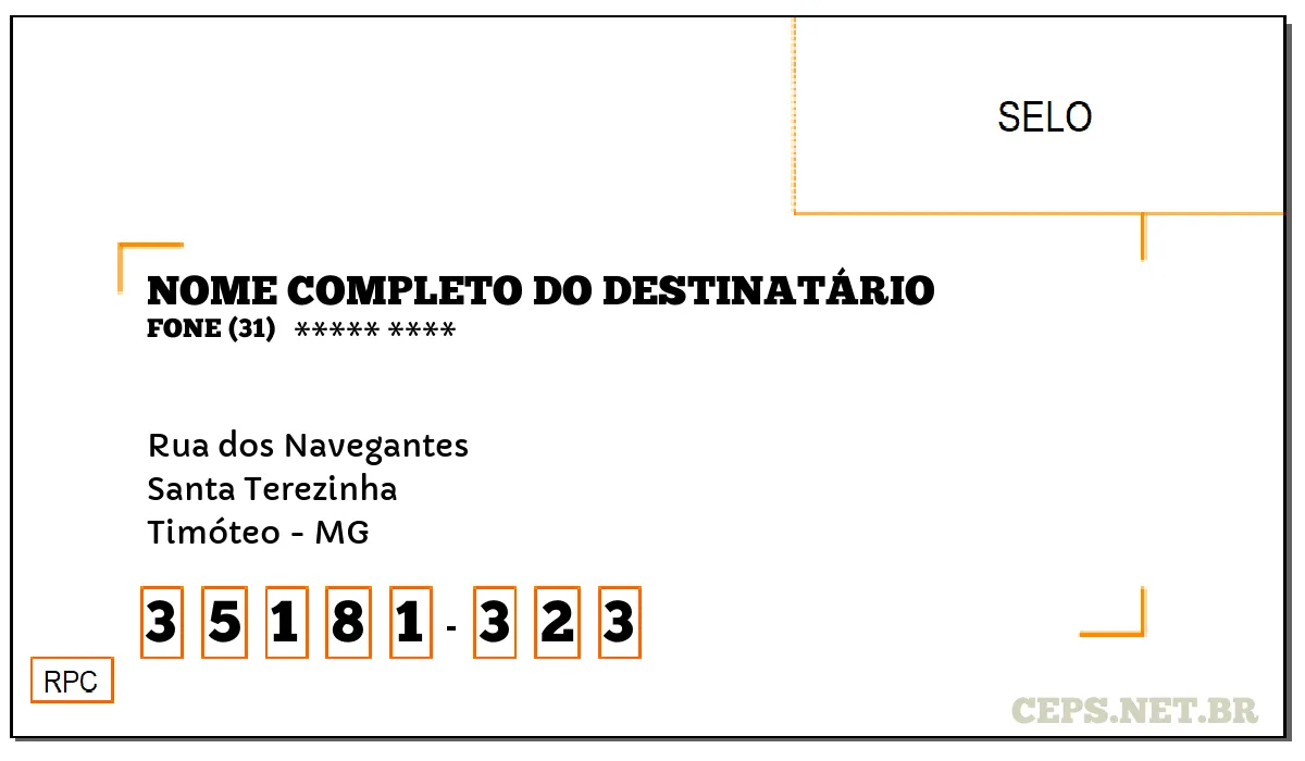 CEP TIMÓTEO - MG, DDD 31, CEP 35181323, RUA DOS NAVEGANTES, BAIRRO SANTA TEREZINHA.