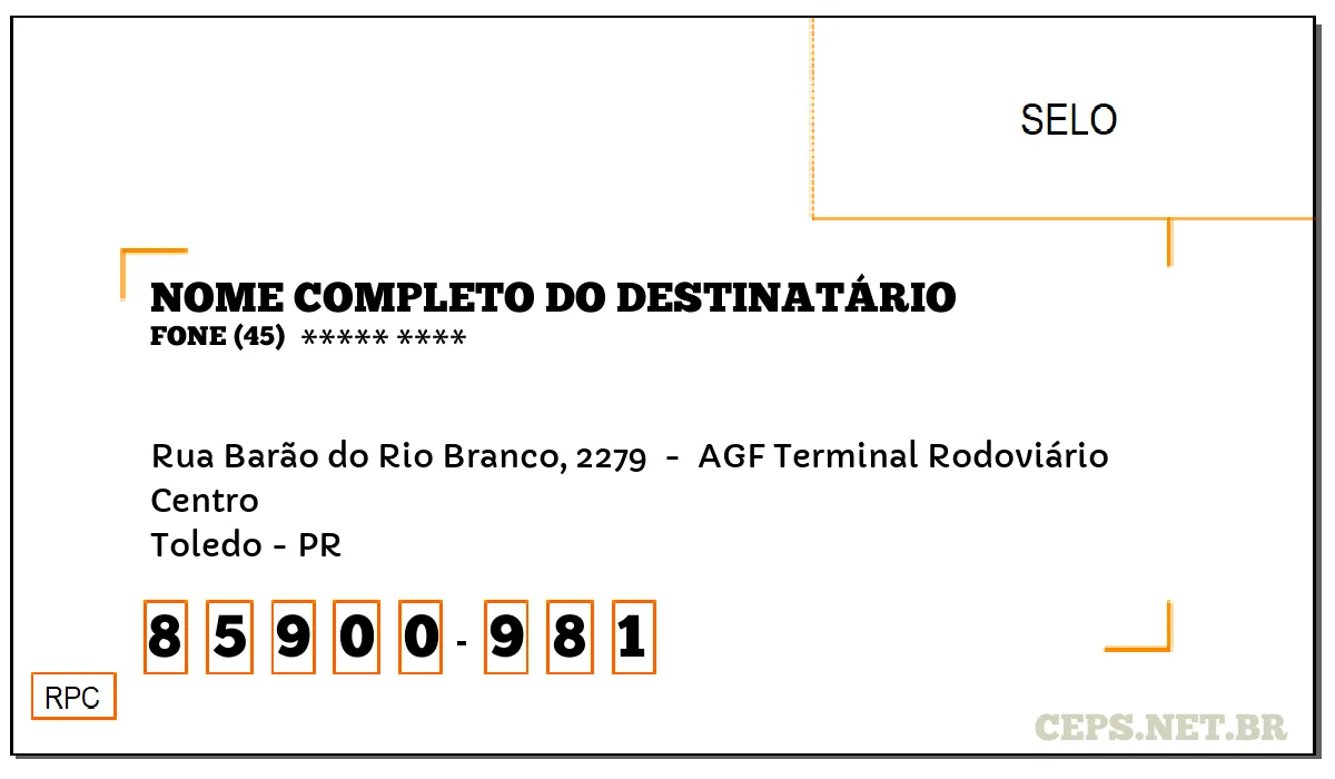 CEP TOLEDO - PR, DDD 45, CEP 85900981, RUA BARÃO DO RIO BRANCO, 2279 , BAIRRO CENTRO.