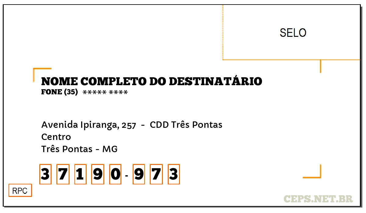 CEP TRÊS PONTAS - MG, DDD 35, CEP 37190973, AVENIDA IPIRANGA, 257 , BAIRRO CENTRO.