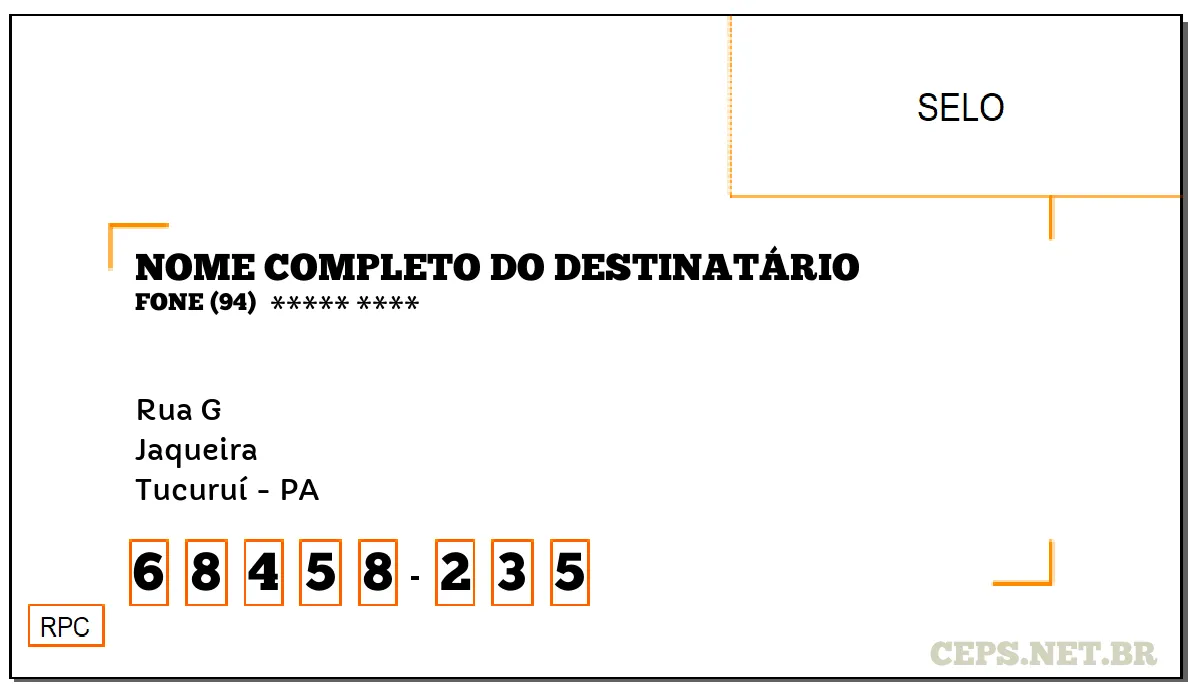 CEP TUCURUÍ - PA, DDD 94, CEP 68458235, RUA G, BAIRRO JAQUEIRA.