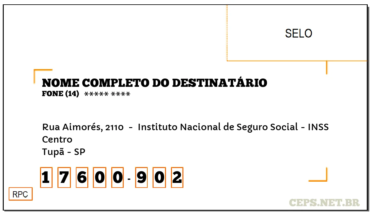 CEP TUPÃ - SP, DDD 14, CEP 17600902, RUA AIMORÉS, 2110 , BAIRRO CENTRO.